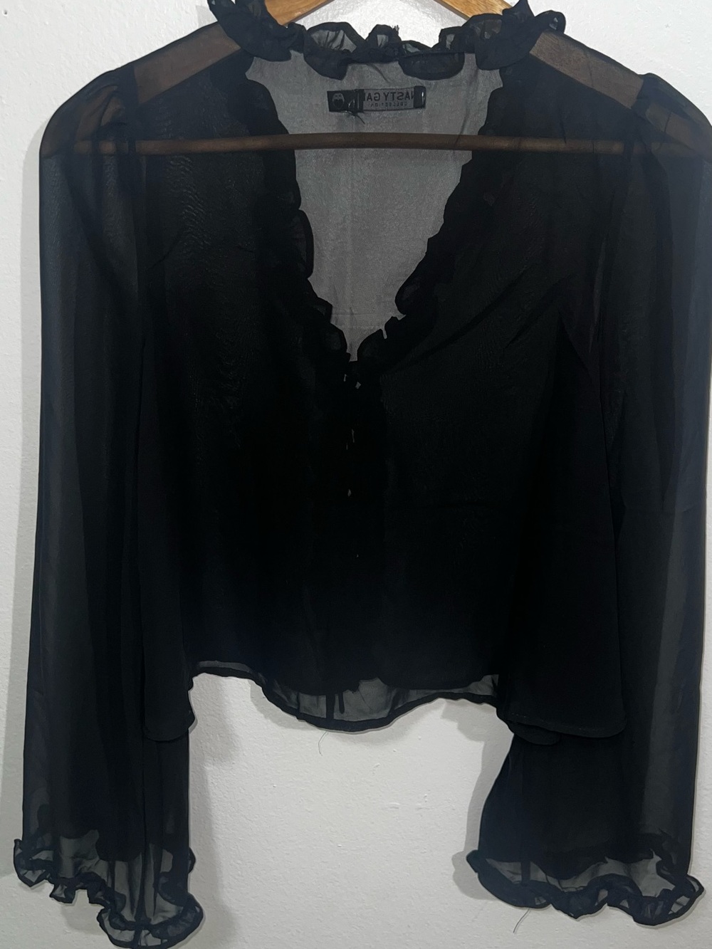 Nasty Gal Black Sheer Ruffle Tie-Front Blouse - Picture 4 of 5